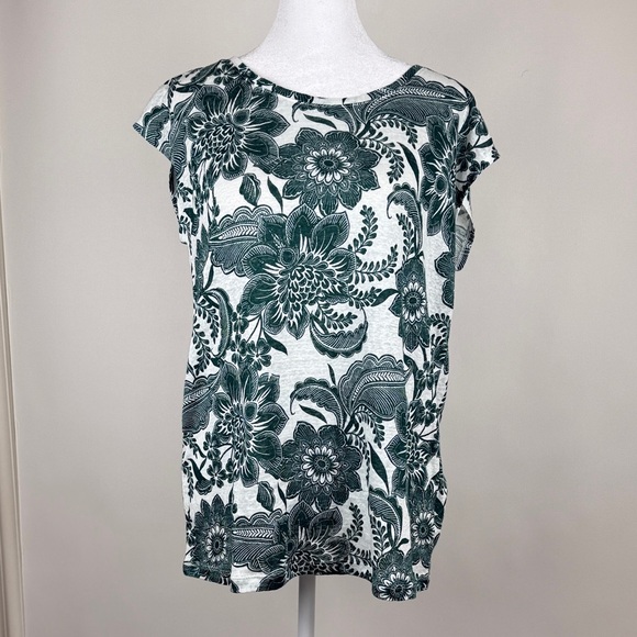 Rachel Zoe 100% Linen Top Green White Paisley Floral Short Sleeve Shirt Sz Small - Picture 1 of 11